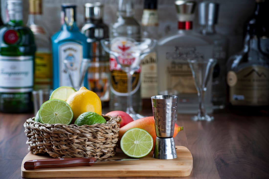 A boxed bartender tool kit with shaker, jigger and strainer
